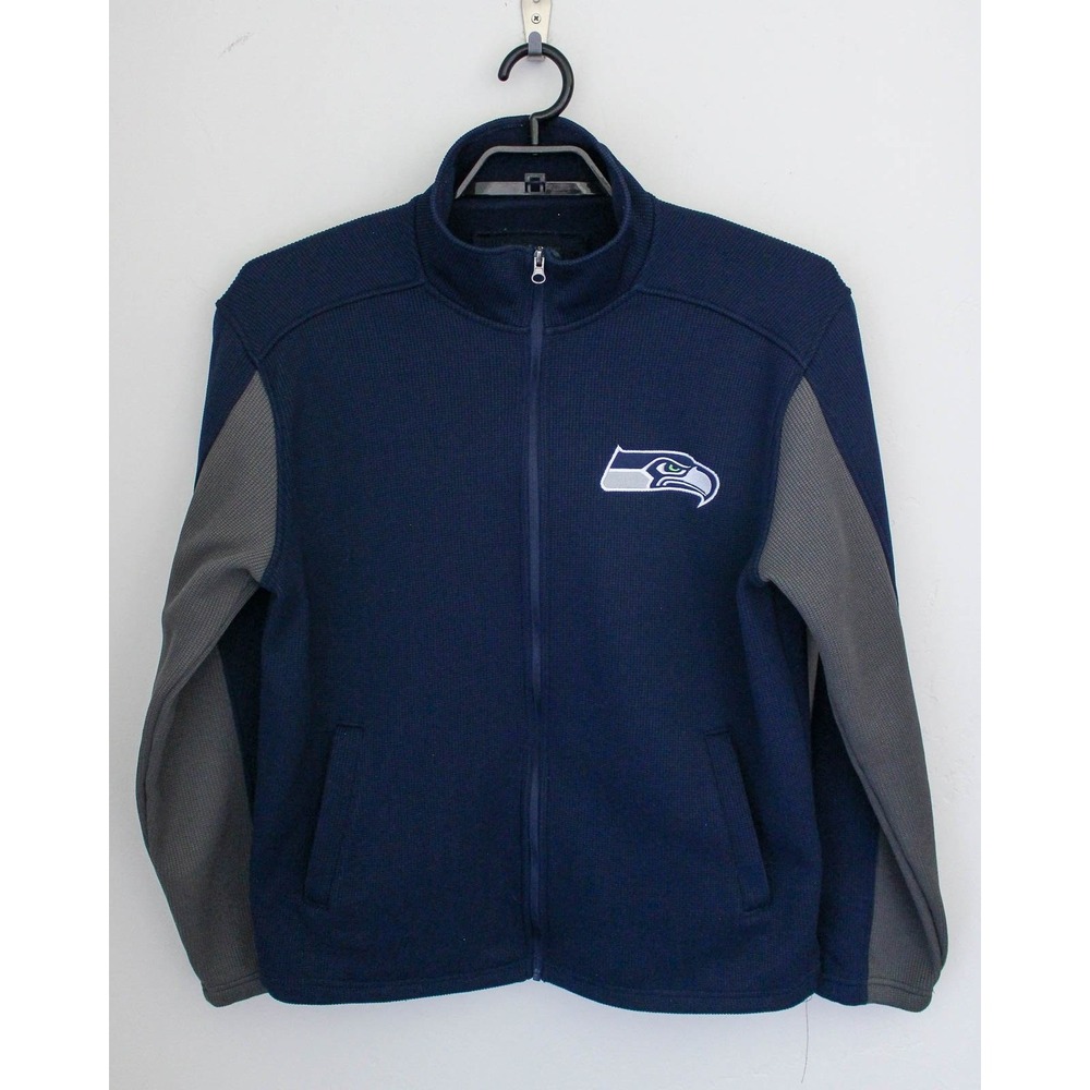 Seattle Seahawks Jacket Mens Large Blue Gray Full Zip Mock Neck NFL Pockets